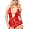 Lace Deep-V Halter Teddy: Plus-Size - Leg Avenue - Passionfruit